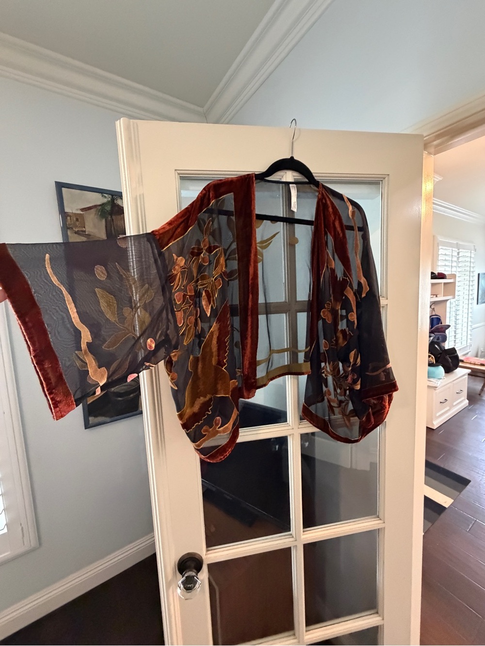 Sheer Black and Rust Velvet Trim Floral Kimono Jacket - Anthropologie